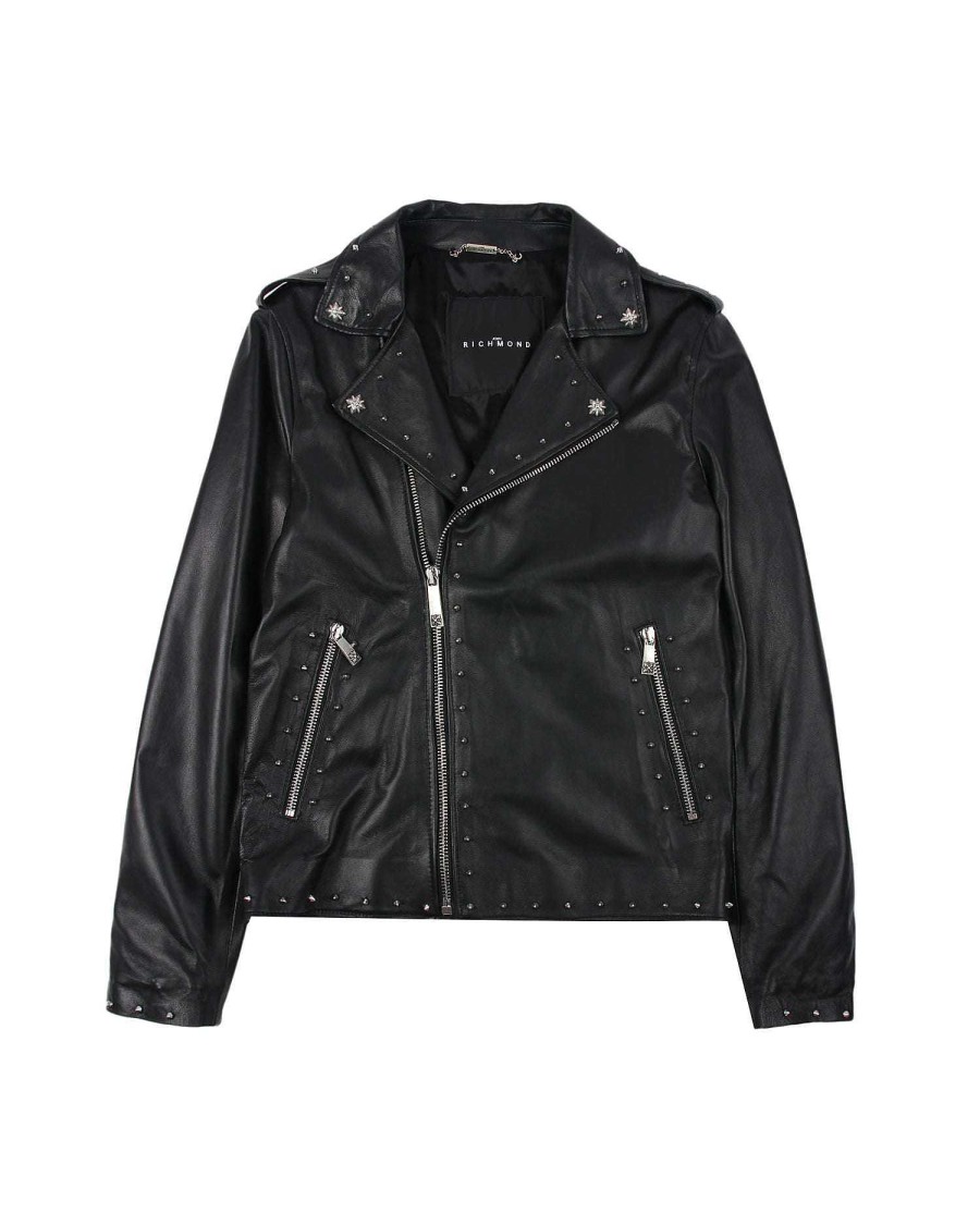 Men John Richmond Outerwear | Leather Jacket With Application On The Back Black