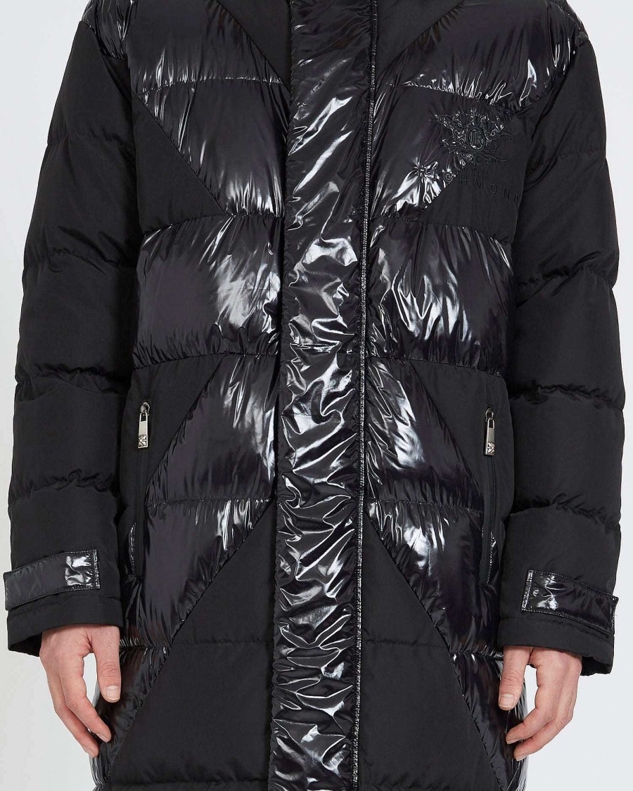 Men John Richmond Outerwear | Long Down Jacket With Ton Sur Ton Print Black