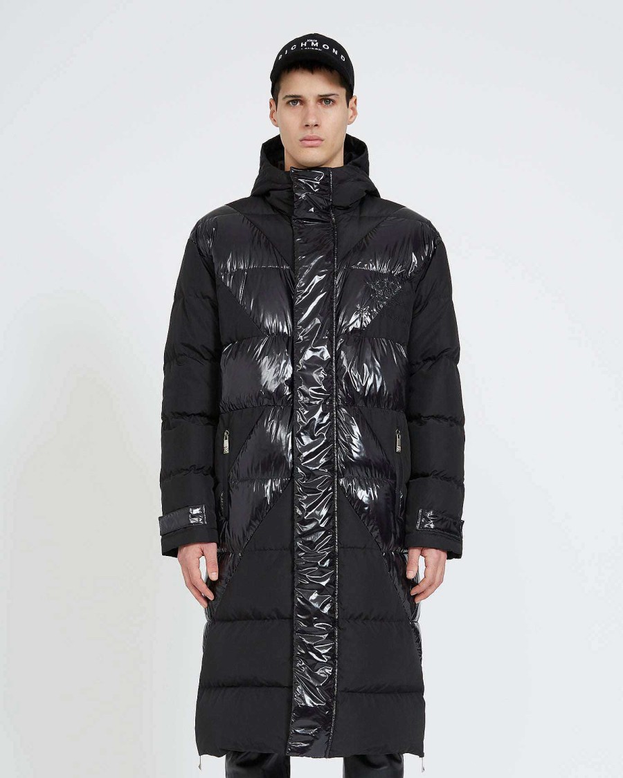 Men John Richmond Outerwear | Long Down Jacket With Ton Sur Ton Print Black