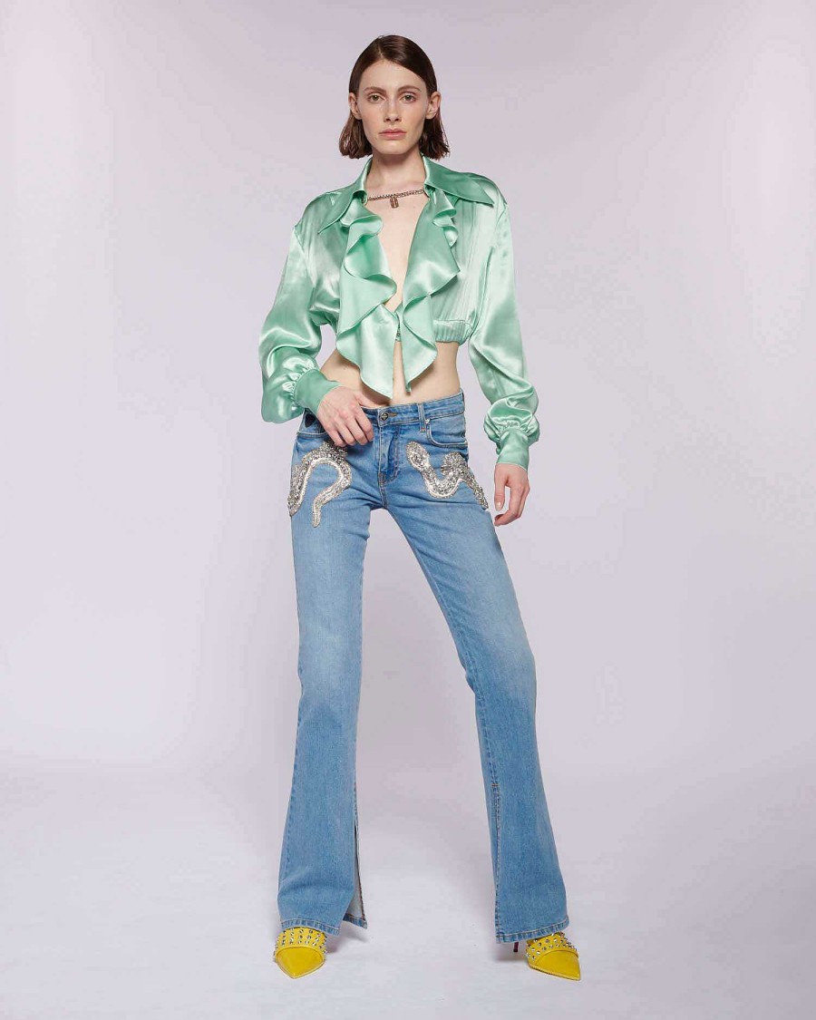 Archives John Richmond John Richmond | Flared Jeans With Snake In Sequins Light Blue