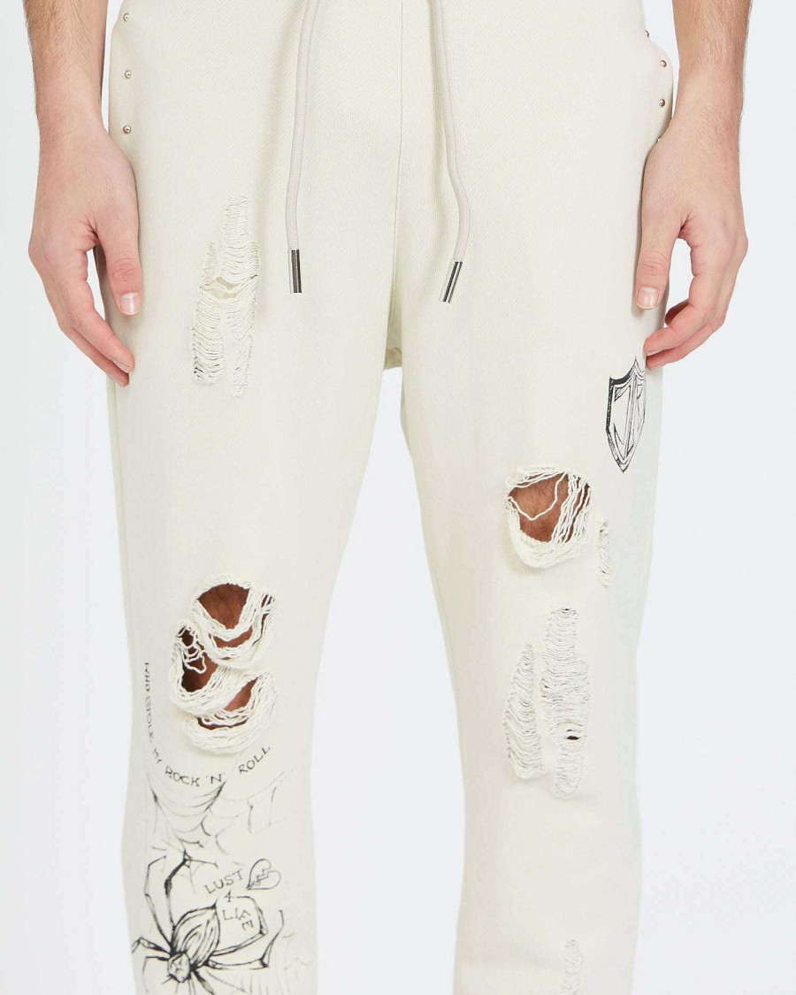 Men John Richmond Trousers | Jogging Pants With Print And Rips Ivory