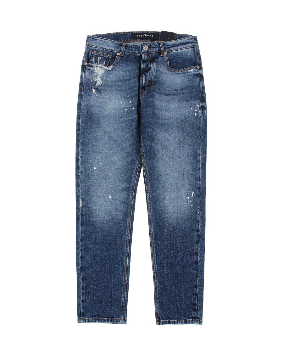 Men John Richmond Jeans | Slim Jeans With Rips On The Front And Print On The Back Blue