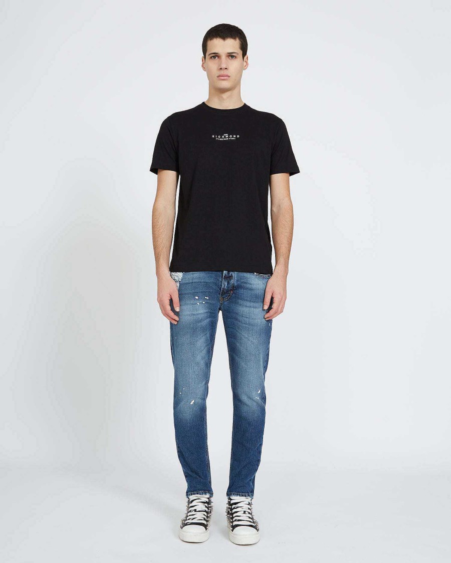 Men John Richmond Jeans | Slim Jeans With Rips On The Front And Print On The Back Blue