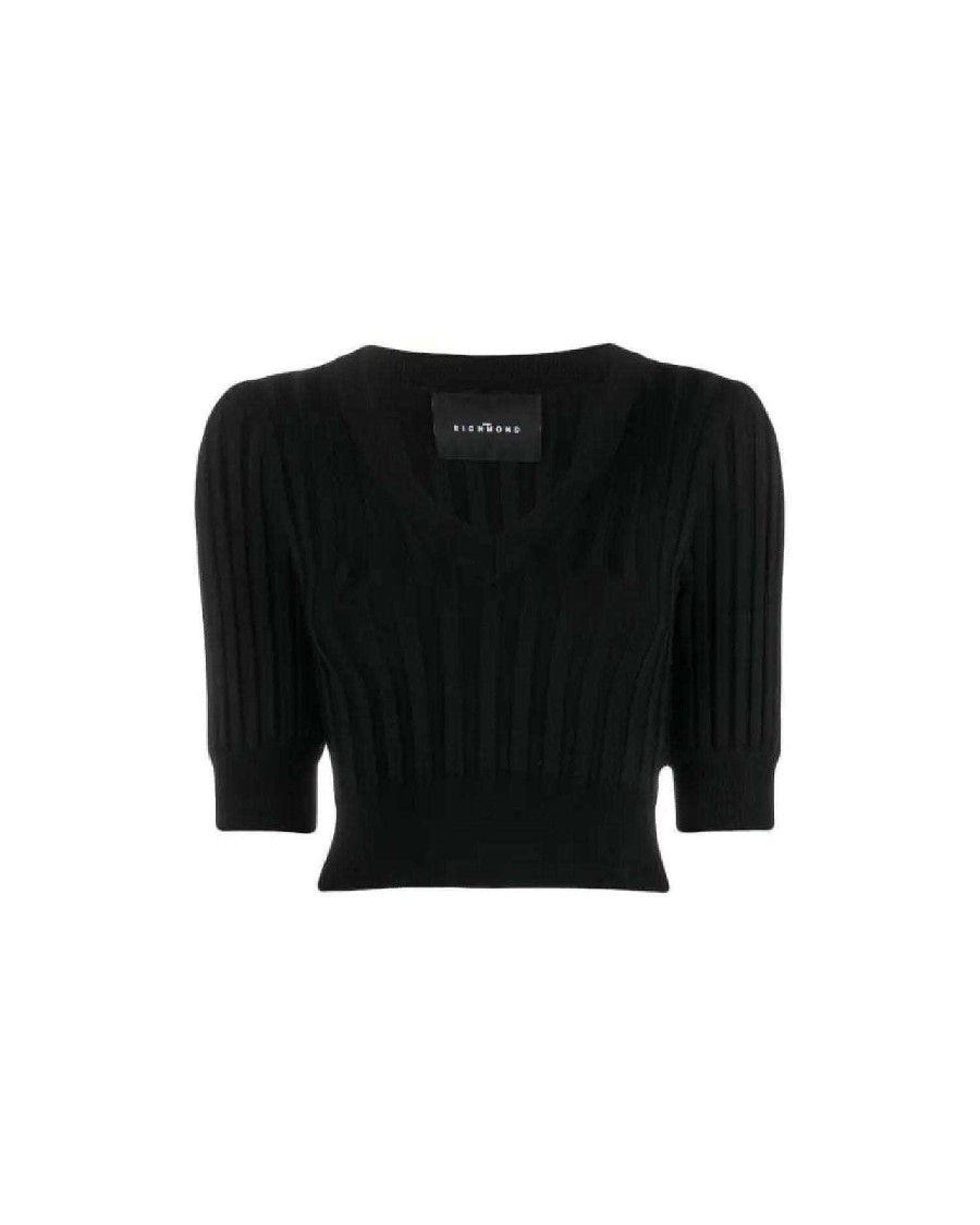 Women John Richmond Tops And Bodysuits | Crop Top With Puff Sleeves Black