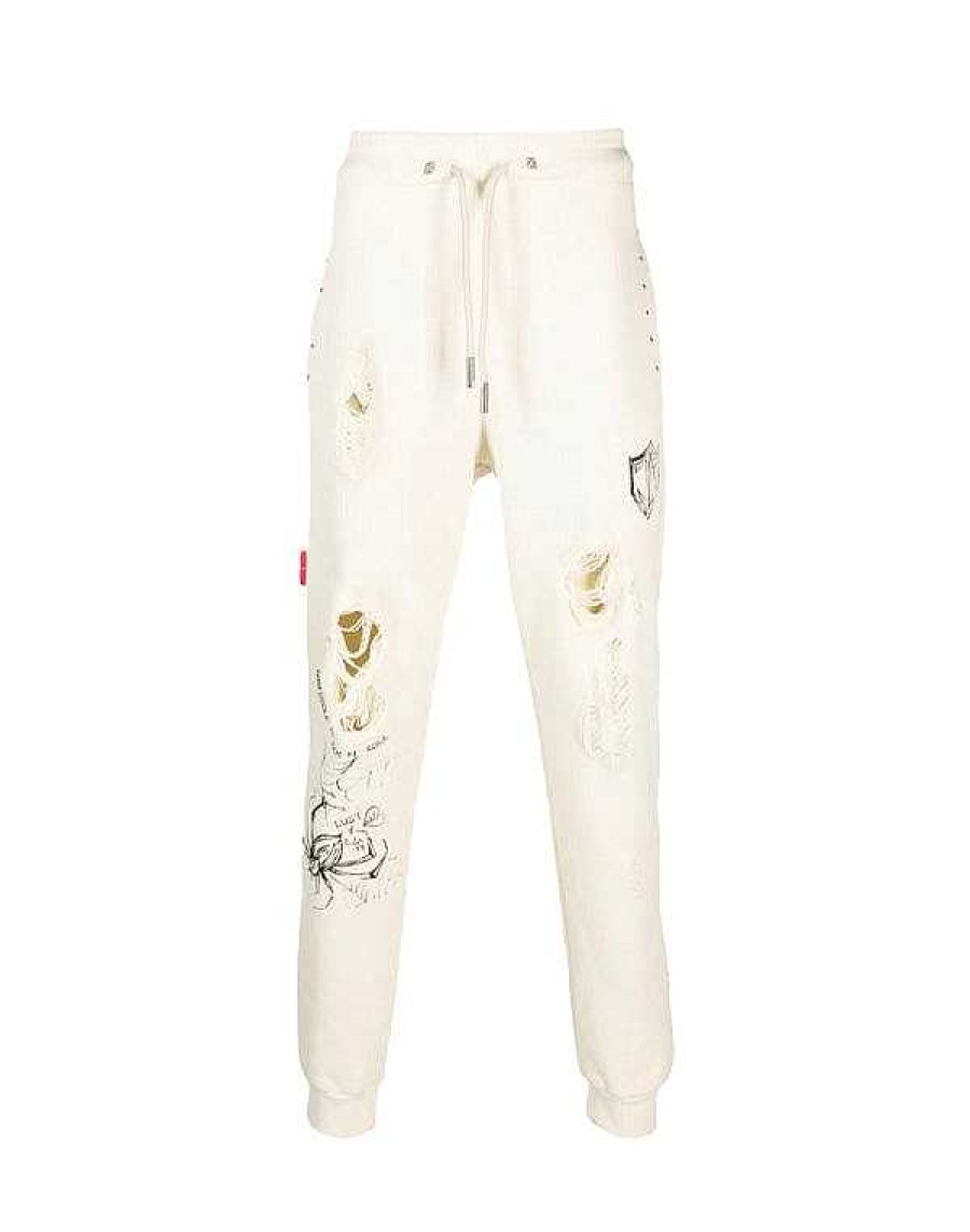 Men John Richmond Trousers | Jogging Pants With Print And Rips Ivory