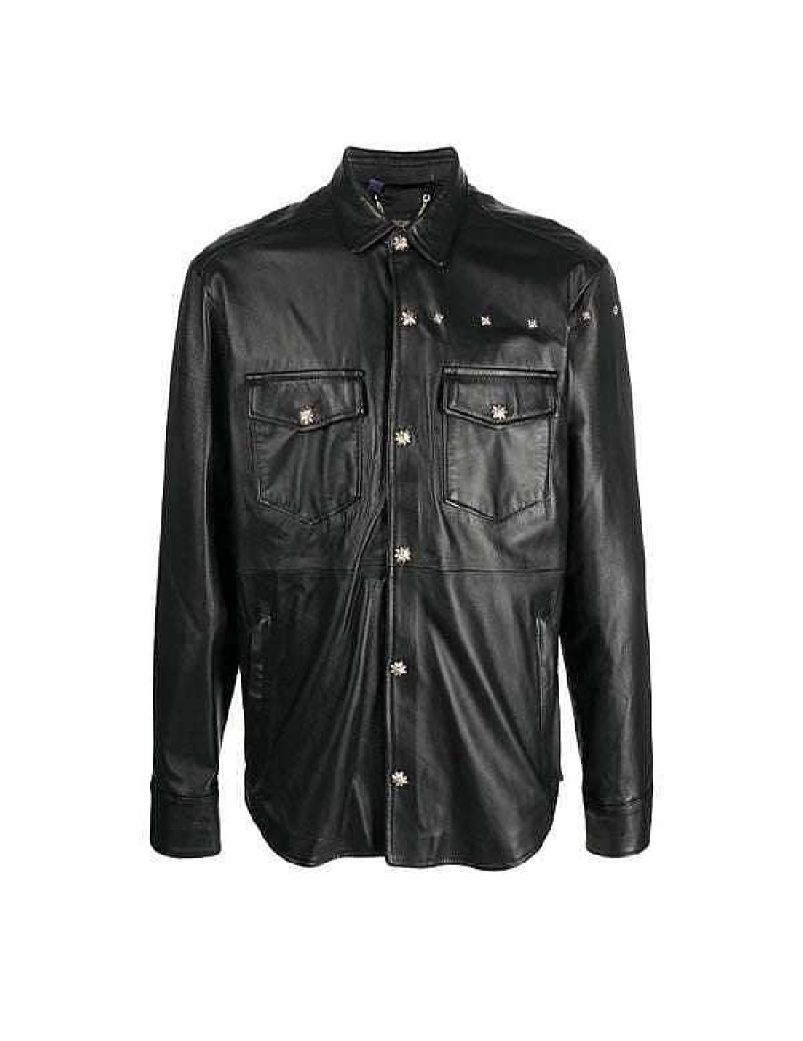 Men John Richmond Shirts | Leather Shirt With Clip Closure Black