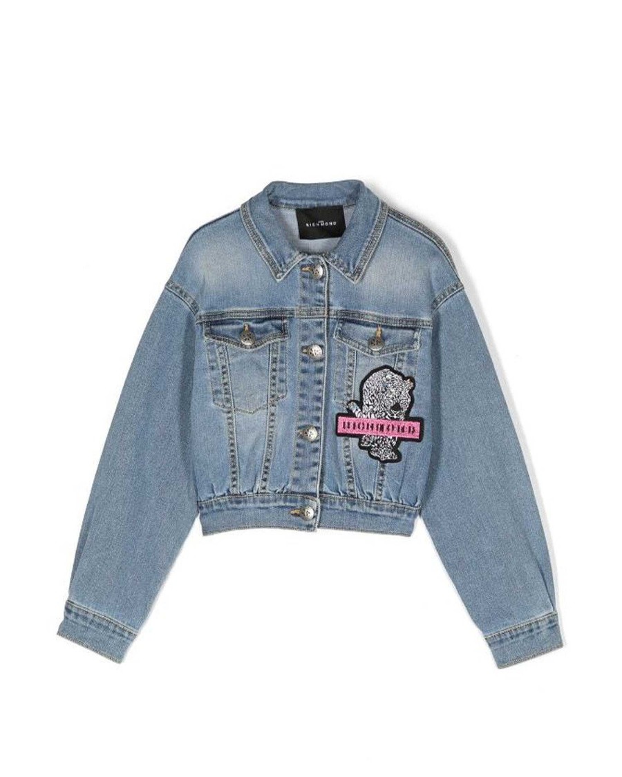 Archives John Richmond Girl (3 - 16 Years) | Denim Jacket With Lettering And Contrast Pattern Light Blue