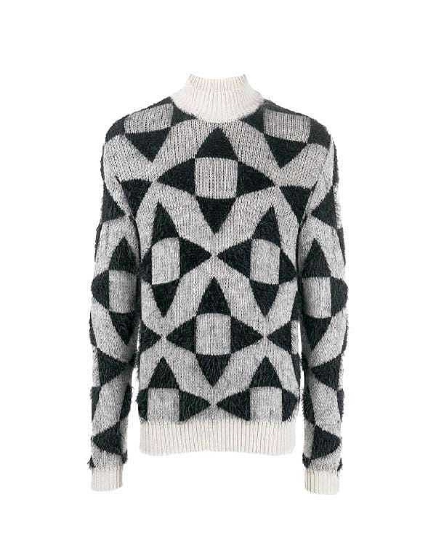 Men John Richmond Knitwear | Turtleneck Sweater With Contrasting Pattern White Black