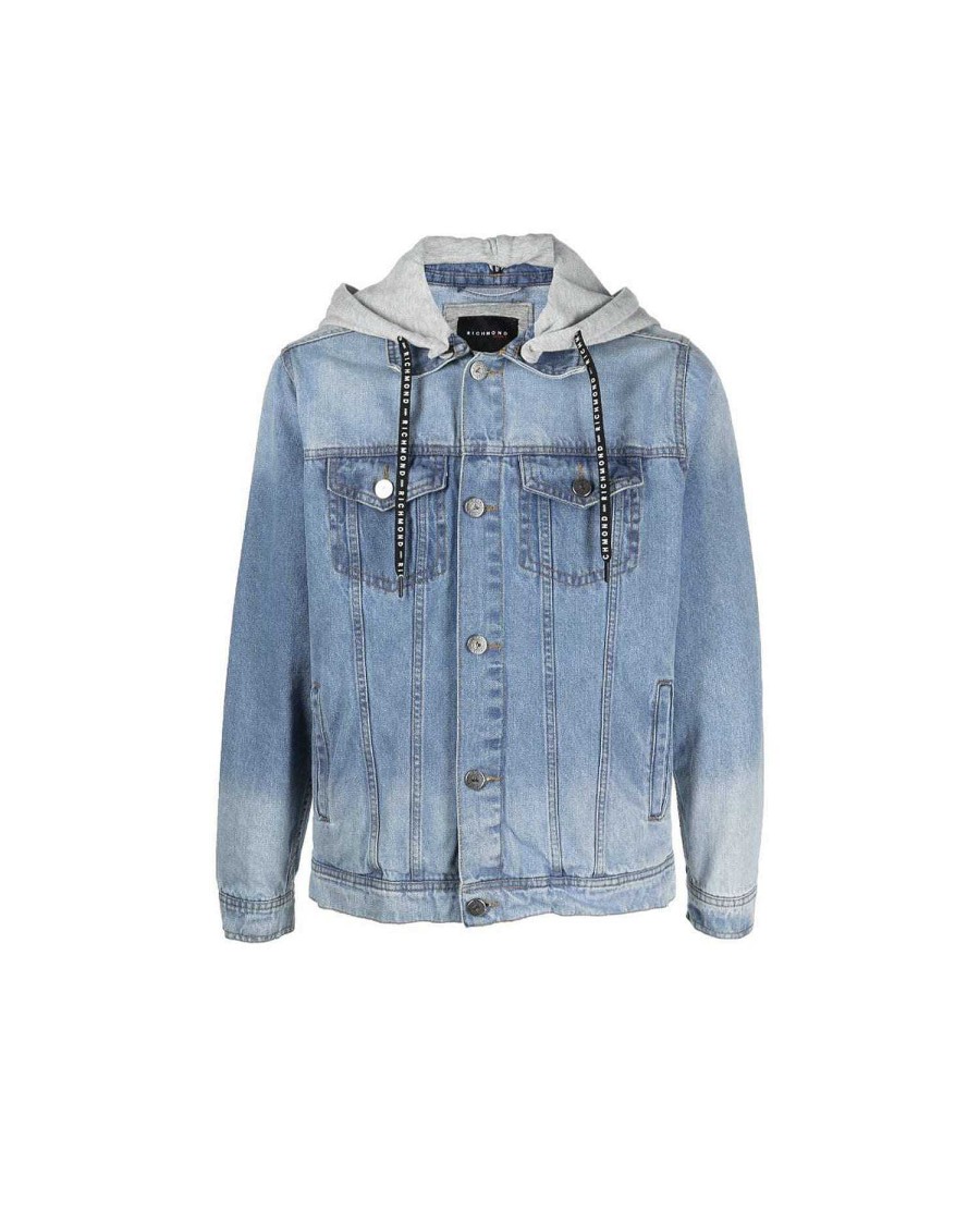 Archives John Richmond John Richmond | Denim Jacket With Contrasting Hood And Logo Light Blue Denim