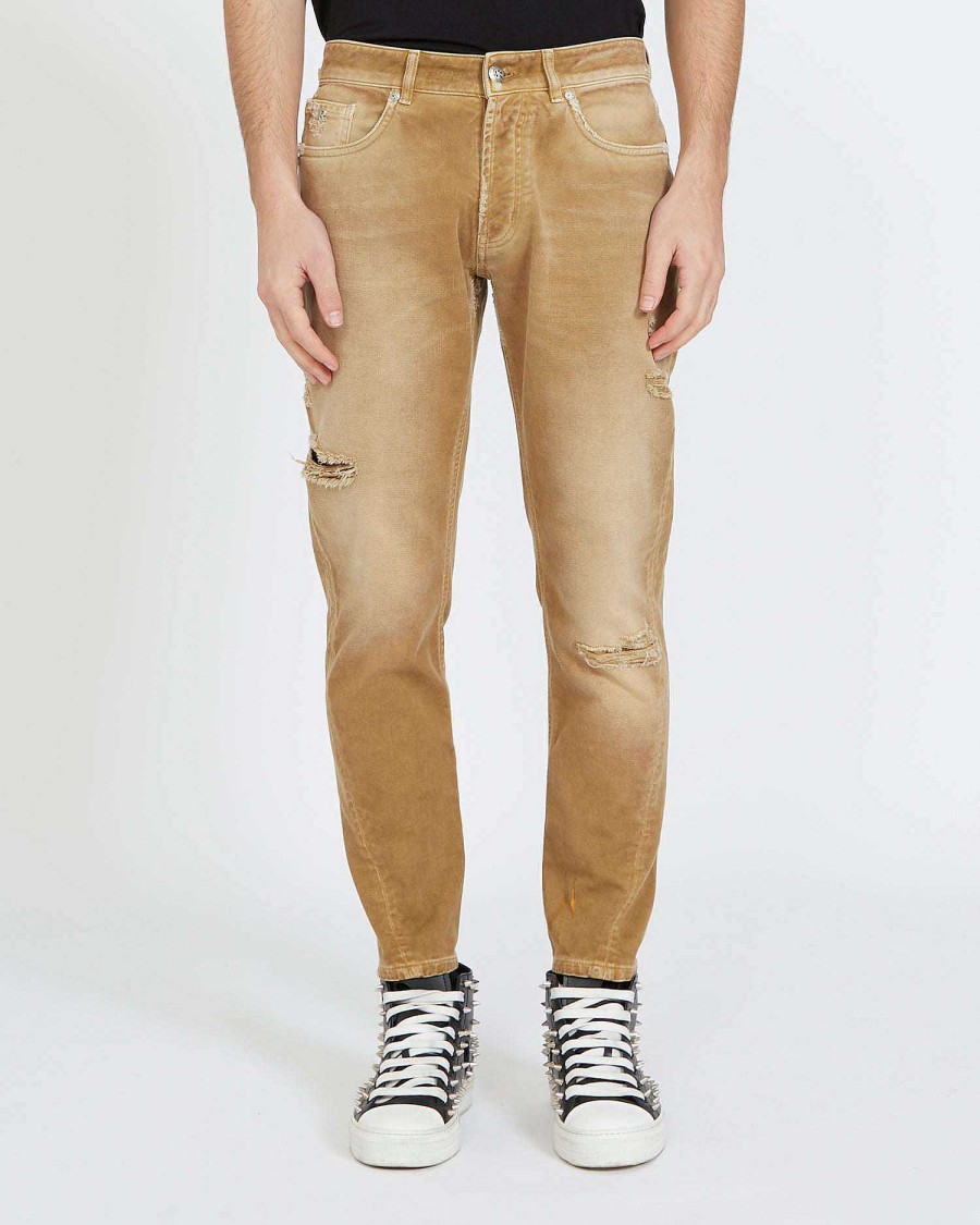 Men John Richmond Jeans | Slim Jeans With Rips On The Front Camel