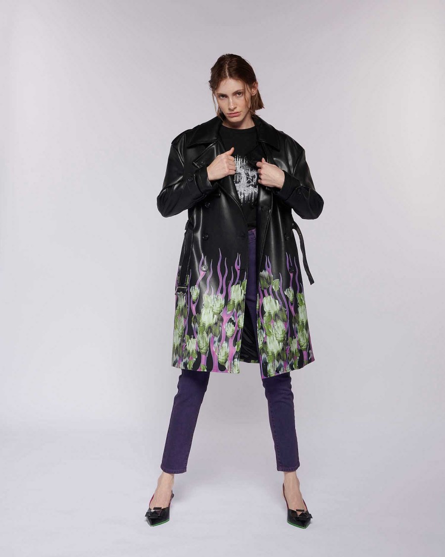 Archives John Richmond John Richmond | Leather Effect Trench Coat With Pattern Black