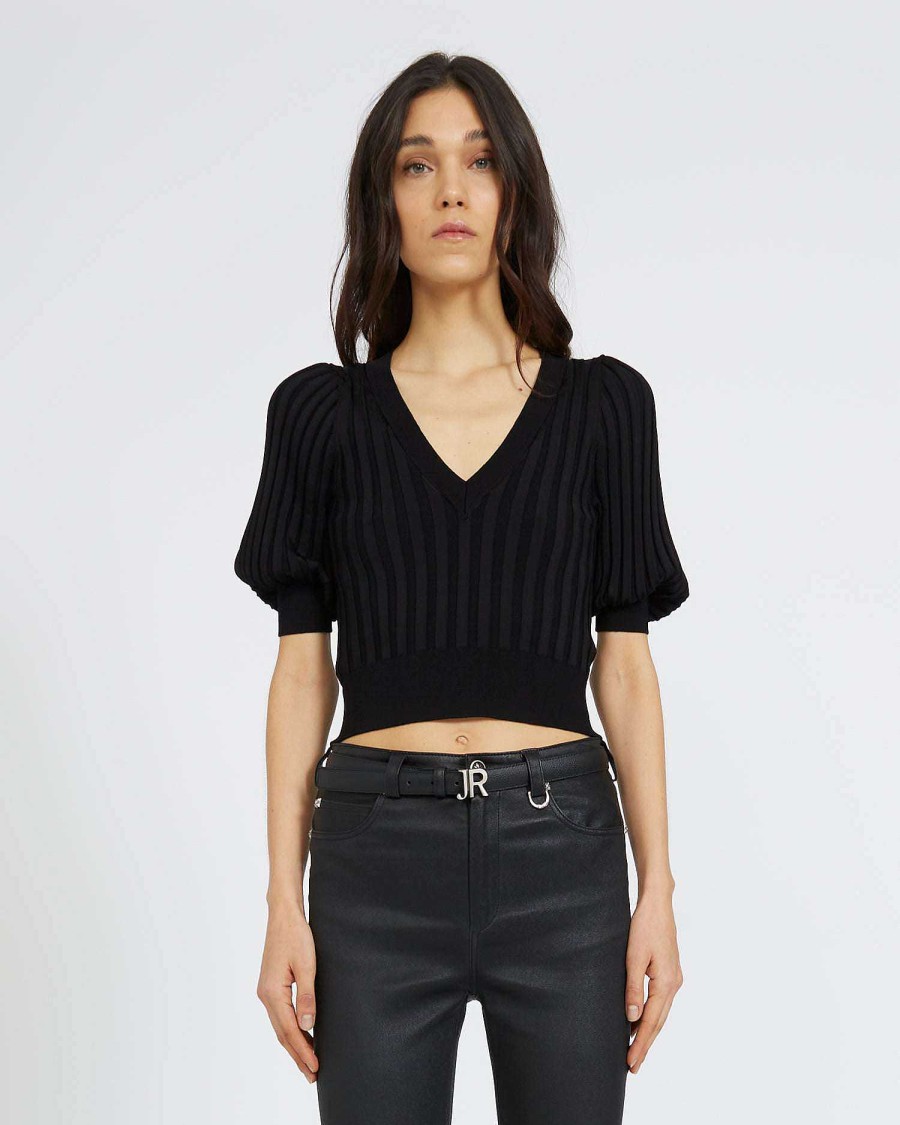 Women John Richmond Tops And Bodysuits | Crop Top With Puff Sleeves Black